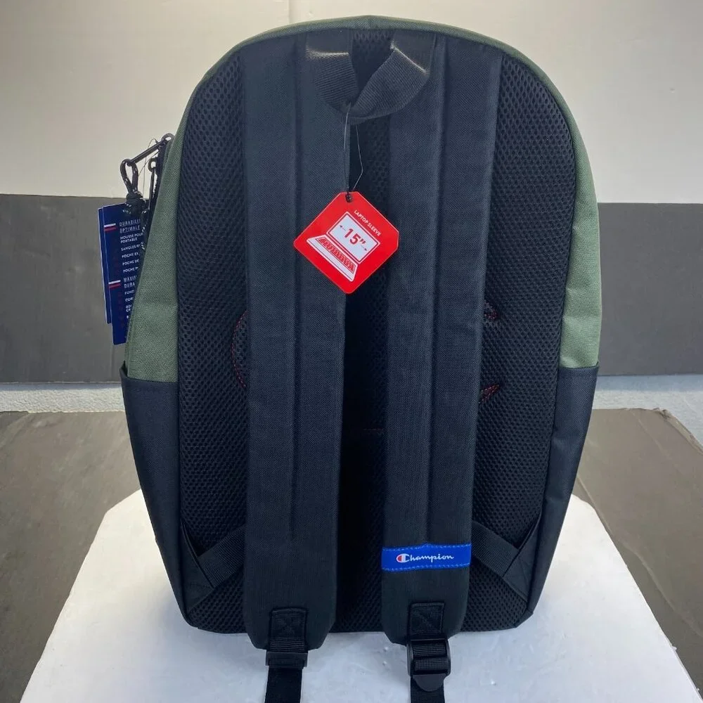 Champion 15” Backpack Black/Green cript Logo,Laptop Sleeve,Padded‎ Straps New